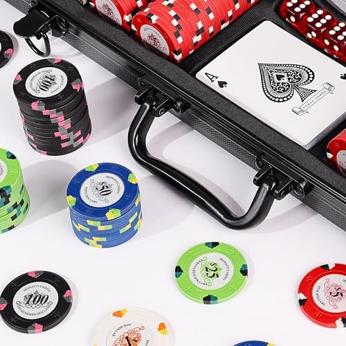 Poker Chips Set - 500pc Monaco Casino 13.5g Clay Poker Chips Set by Versa Games - Strong Aluminum Case, 2x Decks of Cards, 5x Dice