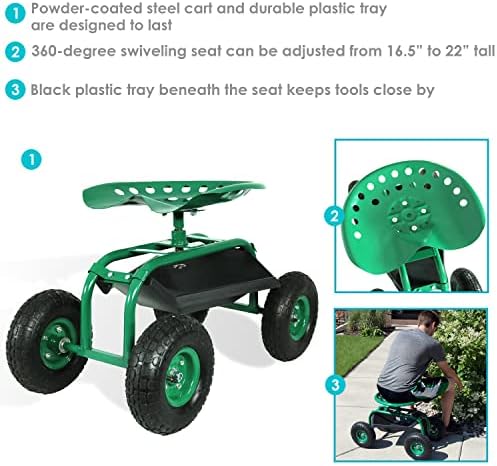 Sunnydaze Rolling Garden Cart with Swivel Seat and Storage, Green | Steel Rolling Gardening Seat with Utility Tray, and Basket for Storage, Rotating, Swiveling Motion