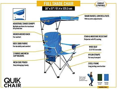 Quik Shade Full Size Shade Folding Chair for Camping, Polyester, Arm Rest|Foldable, Royal Blue, 2'L x 3'W x 4.3'H (160048DS)