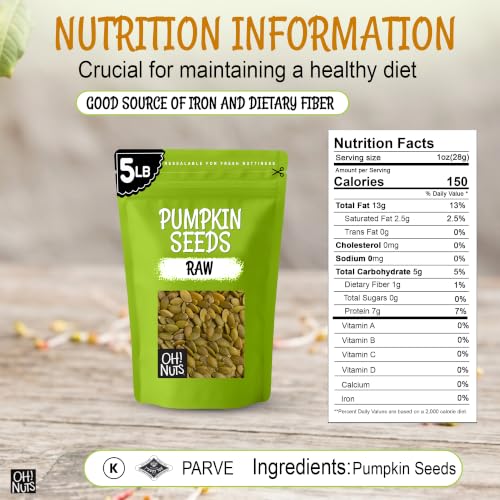 Oh! Nuts Raw Pumpkin Seeds Unsalted Pepitas 1 Pound - 100% Natural | Raw pumpkin seeds unsalted - 100% natural organic pepitas to eat - No shell - Packed in NY - Resealable zip-seal bag