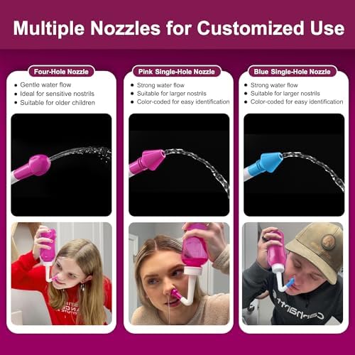 MAOEVER Neti Pot Sinus Rinse Bottle Nose Wash Cleaner Pressure Rinse Nasal Irrigation for Adult & Kid BPA Free 300 ML with 30 Nasal Wash Salt Packets and Sticker Thermometer(Blue)