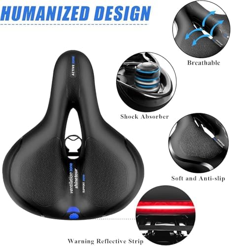 Comfort Bike Seat for Women Men,Wide Bicycle Saddle Replacement Memory Foam Padded Soft Bike Cushion with Dual Shock Absorbing Universal Fit for Indoor/Outdoor Bikes with Reflect