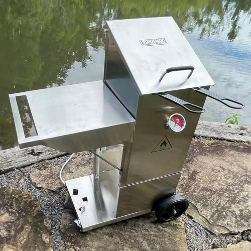 Bayou Classic 700-704 4-gal Stainless Bayou Fryer with Cart Includes 2 Stainless Mesh Baskets Fry Thermometer Drain Valve High Pressure Regulator w/