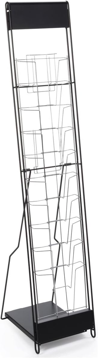 Displays2go Portable Magazine Rack, Black, 54" h Floor-standing | 10 Pockets for 8.5x11 Catalogs, Carry Bag Included, Tiered Design, Steel, NCYBRCHBLK