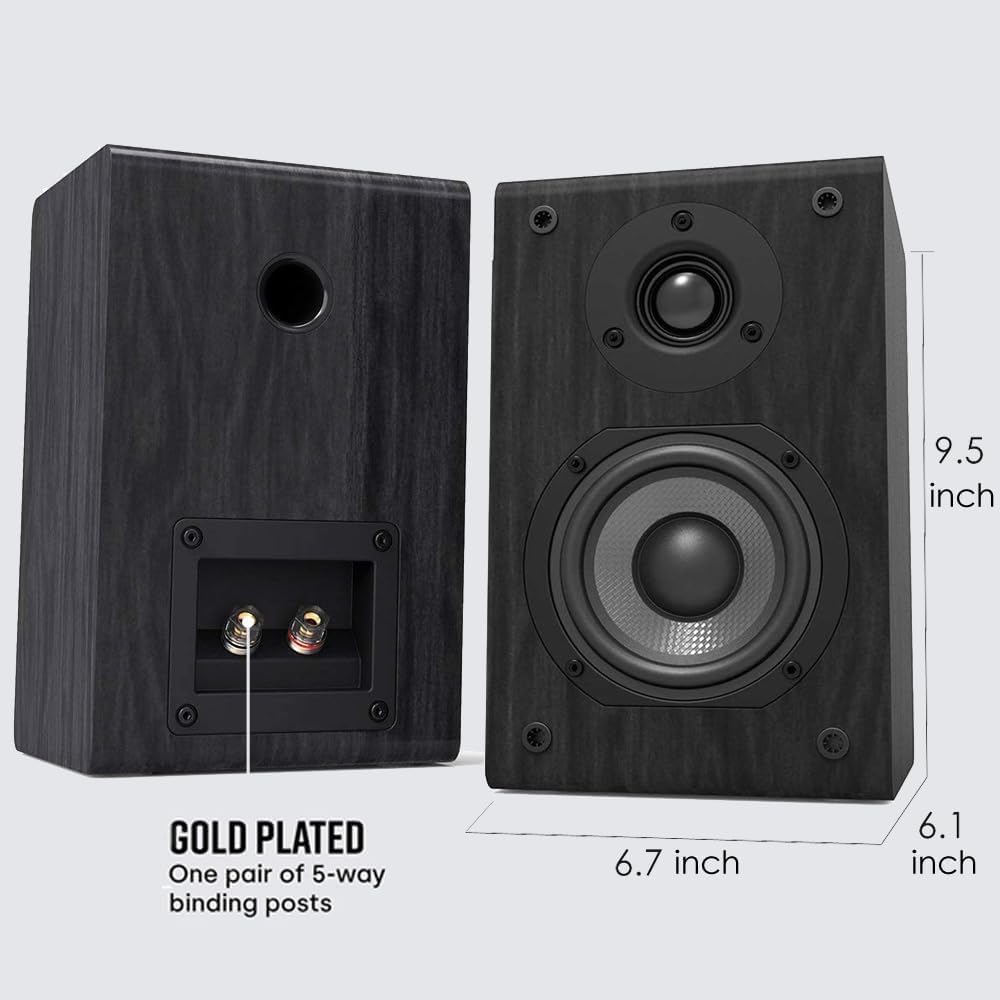 LONPOO Passive Bookshelf Speakers, 150W Wooden Cabinet Stereo Speakers Pair | 4" Carbon Fiber Woofer, 1" Silk Dome Tweeter, Amplifier Required