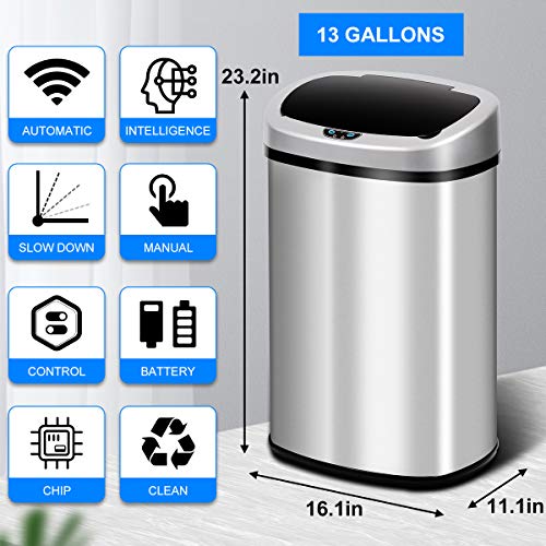 Dkeli 13 Gallon Automatic Motion Sensor Trash Can, Stainless Steel Touchless Kitchen Trash Can with Lid, 50L High-Capacity Office Bathroom Bedroom Garbage Bin