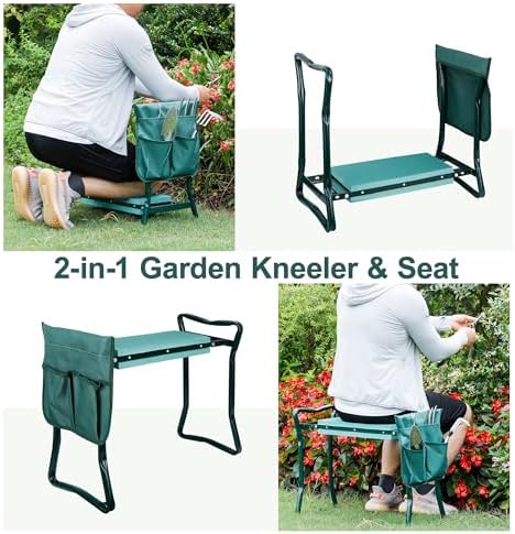 JupiterForce Portable Garden Kneeler and Seat with Thick EVA Foam Pad, Foldable Gardening Stool Bench with Tool Pouches