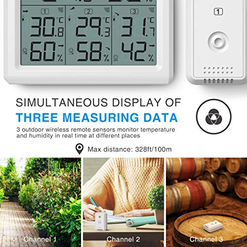 AMIR Indoor Outdoor Thermometer, 3 Channels Digital Hygrometer Thermometer with 3 Sensor, Temperature Humidity Monitor with LCD Display