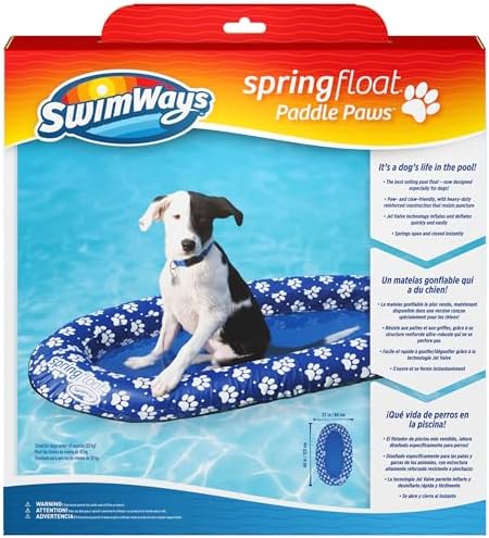 SwimWays Paddle Paws Spring Float Dog Raft, Small (0-65 lbs.) | Fast Inflation for Fast Use During Travel, Durable Scratch-Resistant Design for Use with Dogs, Includes Carrying Case