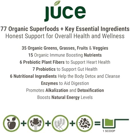 Juce Greens Organic Superfood Powder | 64 Superfoods | 20 Servings | Harvest Apple flavor | 6 adaptogenic mushrooms