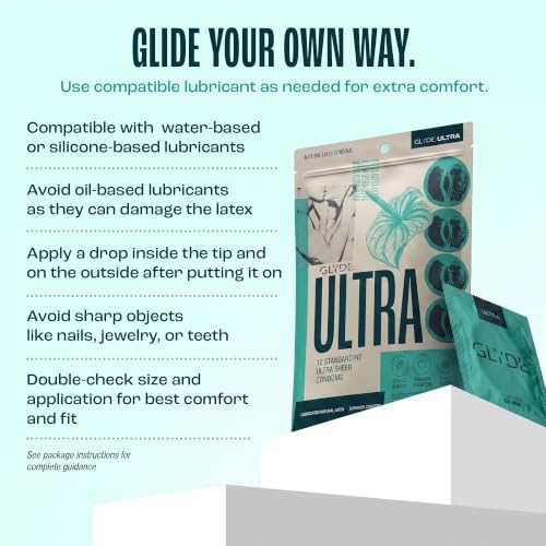 GLYDE Ultra Standard Fit Condoms - Ultra-Thin Medium Size - 12 Count, 53mm | Fragrance-Free, Lightly Lubricated, Body-Friendly, Vegan Formula Condoms, Strong and Secure Fit for Comfort and Natural Feel