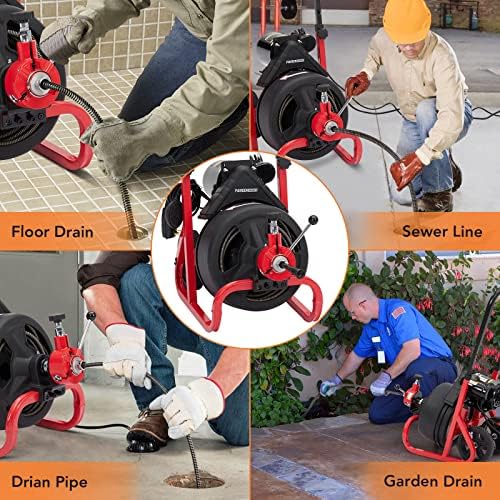 PioneerWorks Electric Drain Snake, 75Ft 1/2 Inch Auto-Feed Electric Drain Auger, Sewer Snake Machine with 6 Cutters & Glove for 2-4 Inch Pipes