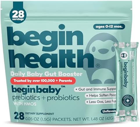 Begin Health Beginbaby® Prebiotics and Probiotics for Infants 0-12 Months | Baby Formula Prebiotic + Probiotic Powder with 2'-FL HMO's & B. Infantis for Optimal Digestion | 28-Packs - Unflavored
