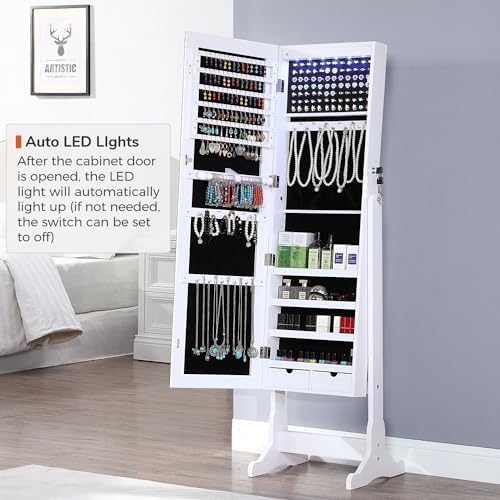 GISSAR Jewelry Organizer Full Length Mirror Jewelry Cabinet Standing/Wall/Hanging Door Jewelry Armoire Storage with Lights, Lockable, White