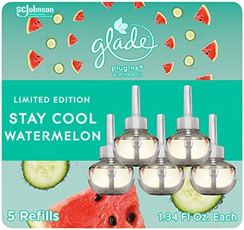 Glade PlugIns Refills Air Freshener, Scented and Essential Oils for Home and Bathroom, Stay Cool Watermelon, 3.35 Fl Oz, 5 Count