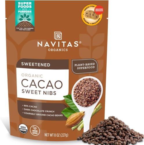 Navitas Organics Cacao Nibs – Unsweetened Dark Chocolate Crunch – Antioxidants, Minerals, Fiber – For Trail Mix, Baking & More – USDA Organic, Fairtrade, Non GMO, Gluten Free, Non-alkalized (8oz. Bag 76 Servings)