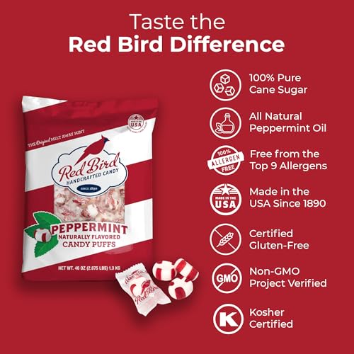 Red Bird Soft Peppermint Candy Mint Puffs, Individually Wrapped, 46 oz bag | Top 9 Allergen Free