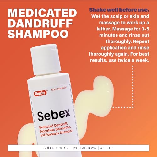 Rugby Sebex Medicated Dandruff Shampoo for Women and Men - 2% Sulfur and 2% Salicylic Acid Anti-Dandruff Shampoo - Helps With Symptoms of Seborrheic Dermatitis and Psoriasis - 4 Oz. (1 Pack)
