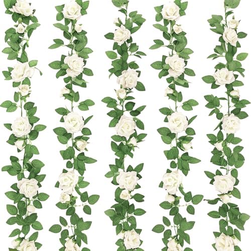 ZIFTY 5Pcs 34FT Flower Garland White Artificial Rose Vine Wedding Decor