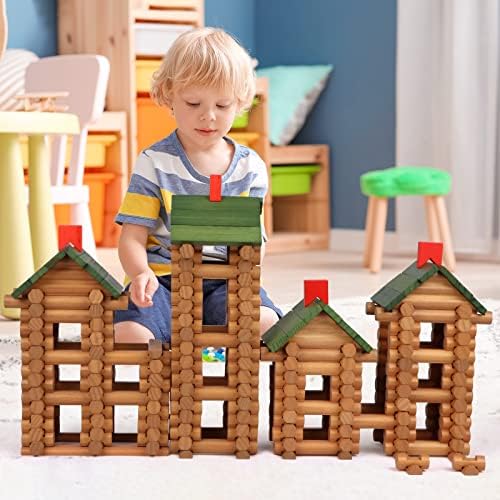 Wondertoys 170 Pieces Wood Logs Set Ages 3+, Classic Building Log Toys for Boy, Creative Construction Engineering Educational Gifts