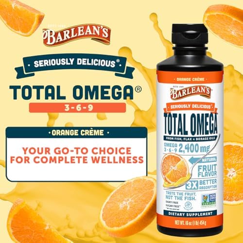 Barlean's Total Omega 3 6 9 Orange Crème Liquid Fish Oil Supplement with Borage and Flaxseed Oil, 2,400 mg of Omegas EPA and DHA Plus GLA for Joint and Heart Health, 8 oz | Fish, borage & flax oils, EPA DHA ALA GLA omegas, Burpless, Non-GMO, Gluten-free,…