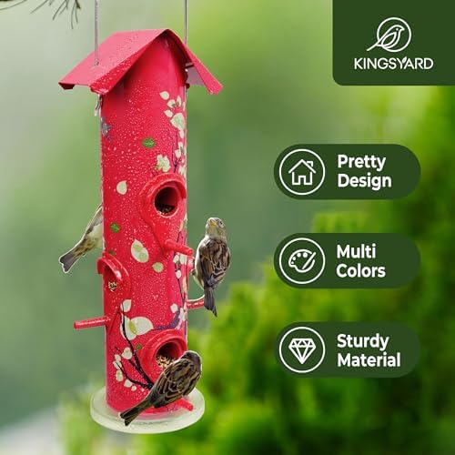 Kingsyard Metal Bird Feeders for Outdoors Hanging, Tube Bird Feeder | 14 in, 6 Feeding Ports, drainage holes, 2 lbs Seed Capacity, Weatherproof, Stays Dry & Fresh, Easy to Clean & Refill, Yellow