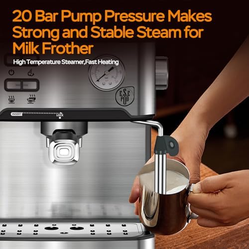 Plum chef Espresso Machine 20 Bar, Household Coffee Maker with Milk Frother Steam Wand, Pressure Gauge, 54oz Large Water Tank, Low Noise Fast Brew for Cappuccino Latte Macchiato Home Office