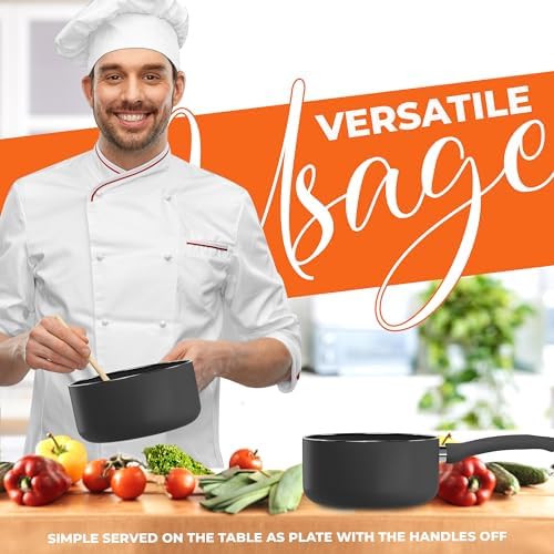 Utopia Kitchen Saucepan 2 QT Detachable Handle with Lid Grey Black | Glass Lid, Multipurpose Use, Home Kitchen and Restaurant, Nonstick Coating, Durable