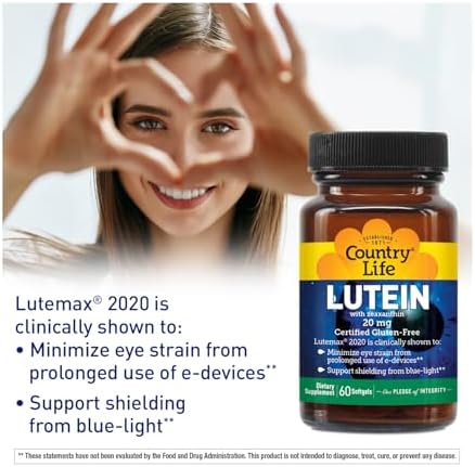 Country Life Lutein 20 mg Supplement - Certified Gluten-Free - Eye Health Support with Lutein and Zeaxanthin - Reduces Eye Strain from Screens - No