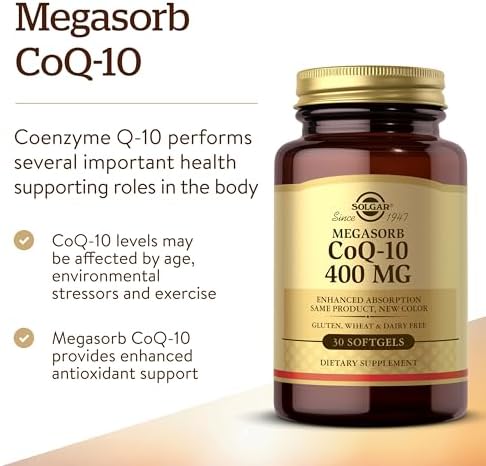 Solgar Megasorb CoQ-10 400 mg, 60 Softgels - Supports Brain Function | Coenzyme Q10 Supplement, Enhanced Absorption, Non-GMO, Gluten Free, Dairy Free - 60 Servings