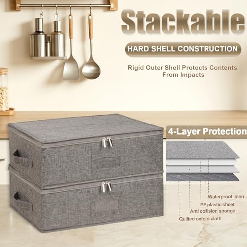 4PCS China Storage Containers, Hard Shell Dish Storage Containers w/ Felt Dividers, Quilted Plate Storage Cases for 12 Place Setting Charger Plates Dinnerware, Stackable Moving Boxes for Dishes