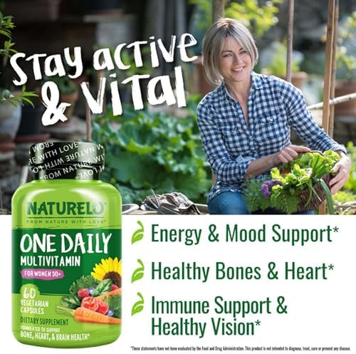 NATURELO One Daily Multivitamin for Women 50+ (Iron Free) - Menopause Support for Women Over 50 - Whole Food Supplement - Non-GMO - No Soy - 60 Capsules - 2 Month Supply | Energy Support, Whole Food Daily Women Multivitamin Supplement, Nourish Hair/Skin/…