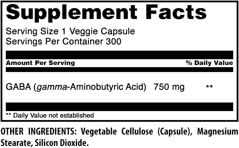Amazing Formulas GABA Supplement | 750 Mg per Serving | 100 Veggie Capsules | Non-GMO | Gluten-Free | Made in USA | Ideal for Vegetarians