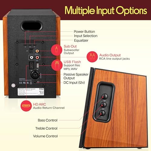 Pyle Powered Bookshelf Speaker System with Bluetooth, 80W Active Stereo Speakers, Bass Reflex Natural Wood Cabinet, Hi Def ARC, Optical, Coax, Subwoofer Out, for Entertainment, Studio (Pair)