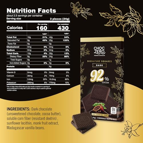 ChocZero 70% Cocoa Sugar Free Dark Chocolate Squares, Vegan, 4 Pack | No Sugar Alcohols, Keto, Low Carb, High Fiber, Gluten Free, 32 Total Candy Squares