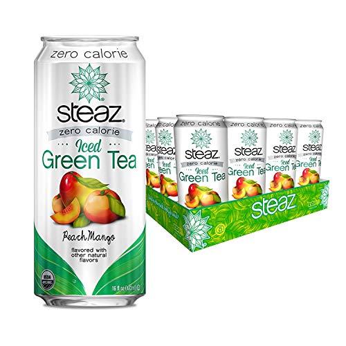 Steaz - Organic Green Tea - Peach (12 Pack) - 30mg Natural Caffeine, 70 Calories,Cane Sugar - Sweetened Iced Tea - Regenerative Organic Certified®️ - Vegan, Direct Trade - 12 Cans, 16 fl oz