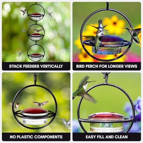 Hummingbird Feeder for Outdoors Hanging, 3.4 OZ Hummingbird Feeders, Glass Bowl with 4 Feeding Ports, Leak Proof Lid & Circular Perch, Bird Feeder (1, Red)