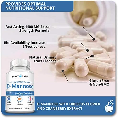 D-Mannose Capsules, 1400 Mg with Cranberry & Hibiscus Flower, 120 Ct | Fast Acting Formula, Supports Bladder & Urinary Tract Health - Extra Strength 60 Servings