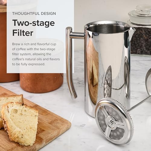 Frieling Double-Walled Stainless Steel French Press Coffee Maker - 36 oz Polished & Insulated Press Pot - Stainless Steel Coffee Maker