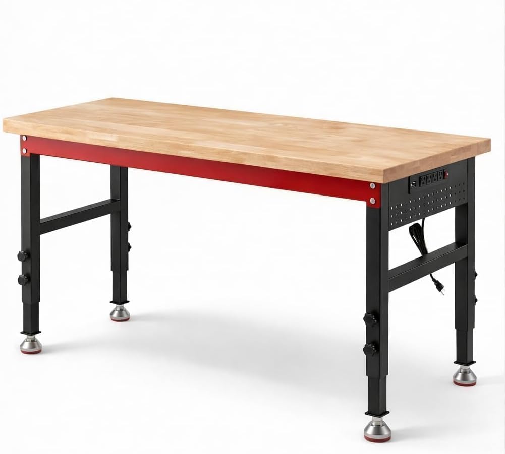 60" Heavy Duty Workbench, 2500 LBS Load Capacity Work Bench with 1.2" Laminated Oak Wood Top & Reinforced Steel Frame, Adjustable Height Work Table for Garage, Workshop, Office, Home (Casters)