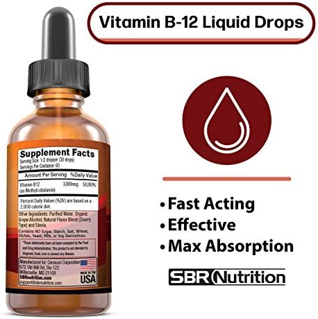 SBR Nutrition Vitamin B12 Sublingual Liquid Drops - Methylcobalamin, VIT B 12 Supports Energy, Max Absorption, 3000mcg Per Serving, 60 Servings