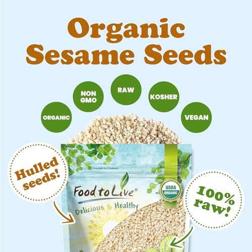 Food to Live Organic Hulled Sesame Seeds, 2 Pounds – Whole Raw White Sesame Seeds, Non-GMO, Kosher, Vegan, Unroasted, Bulk. High in Iron, and Calcium. Perfect for Tahini Paste, Stir-fries, and Salads.