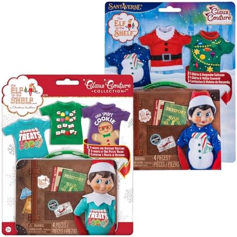 The Elf on the Shelf Claus Couture Suitcase Duo: Sweet Treats Pack and Christmas T-Shirt Party Pack