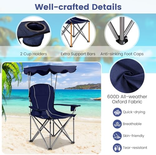 Goplus Camping Chair with Canopy Shade, Folding Lawn Chair with Umbrella Cup Holder & Carry Bag, Portable Sunshade Chair for Adults for Beach Outdoor Travel Hiking Fishing (Red)
