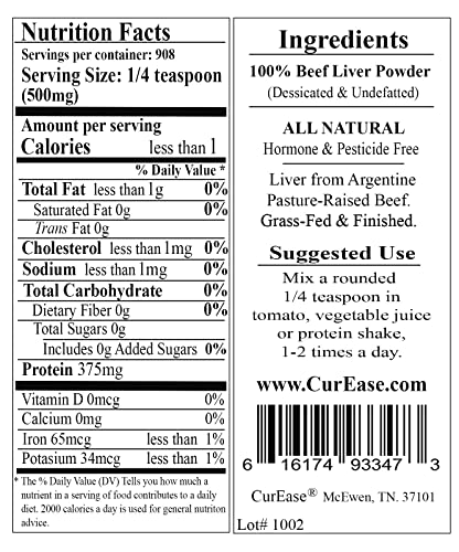 CurEase Argentine Grass Feed Beef Liver Powder Undefatted Desiccated (dried) Pesticide and Hormone Free 1lb One Pound (453grams) 908 Servings