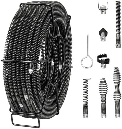 VEVOR Drain Cleaning Cable 100 FT x 5/8 Inch, Professional Sectional Drain Cleaner Cable with 7 Cutters for 0.8" to 3.9" Pipes for Hollow Core Sewer Cleaner Auger Sink, Toilet