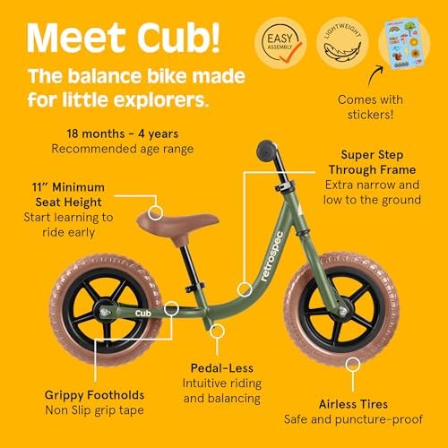 Retrospec Cub Toddler Balance Bike for Ages 18 Months - 3 Years - 12in No-Pedal Beginner Bicycle with Adjustable Seat