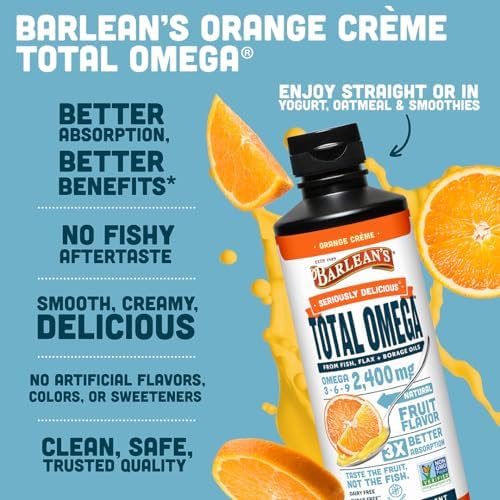 Barlean's Total Omega 3 6 9 Orange Crème Liquid Fish Oil Supplement with Borage and Flaxseed Oil, 2,400 mg of Omegas EPA and DHA Plus GLA for Joint and Heart Health, 8 oz | Fish, borage & flax oils, EPA DHA ALA GLA omegas, Burpless, Non-GMO, Gluten-free,…