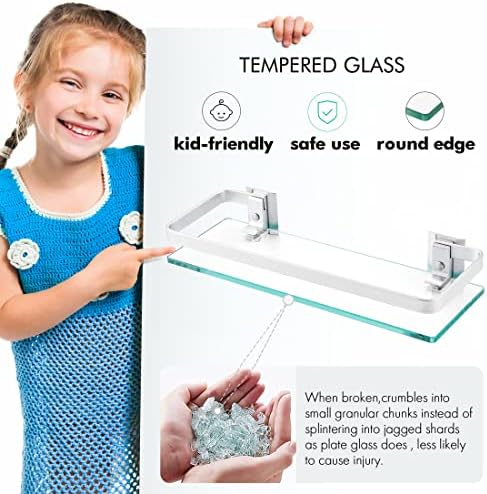 KES Glass Shelves for Bathroom, Floating Tempered Glass Shelves 14 Inch | Aluminum Extra Thick 2 Pack Rectangular Storage Organizer Wall Mount Silver