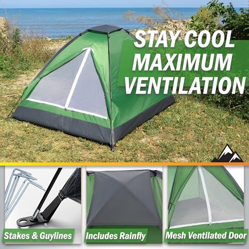 2 Person Camping Tent with Rain Fly and Carrying Bag - Lightweight Outdoor Tent for Backpacking, Hiking, or Beach Use by Wakeman Outdoors (Green)